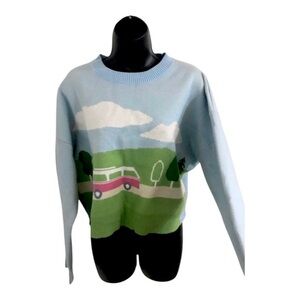 Luna Ivy‎ white clouds & red bus on green landscape blue sweater size medium new
